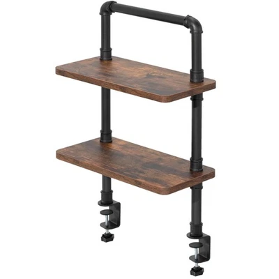 VIVO Clamp-on 16 inch 2-Tier Decorative Industrial Pipe Shelves, Vintage Brown - Image 1 of 4