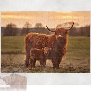 Highland Cow Mama and Baby Field 120 Piece Custom Handmade Jigsaw Puzzle - Picture 1 of 7