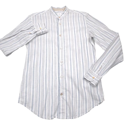 Camisa masculina pequena Eleventy platina branca azul listrada colarinho mandarim botão para cima - Imagem 1 de 4