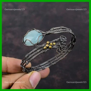 Mothers day Deal Copper Aquamarine Stone Anniversary Wire Wrapped Trendy Bangle - Picture 1 of 6
