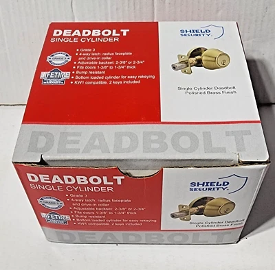 Shield Security DEADBOLT Single Cylinder Lockset Polished Brass - Keyed - Image 1 of 4