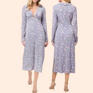 NWT Wayf Women's Twist Detail Floral Long Sleeve Cutout Midi Dress Size M Gray - Picture 1 of 8