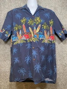 Pacific Legend Mens L Blue Button Up Hawaiian Shirt Surfboard Palm Trees USA - Picture 1 of 13