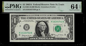 US 1 Dollar 1963A PMG 64 EPQ UNC Fr #1901-H FRN St. Louis Granahan/Fowler - Picture 1 of 4