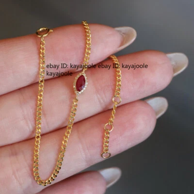 Real Solid 18K Yellow Gold Natural Pigeon Blood Ruby Diamond Cuban Curb Bracelet - Image 1 of 4