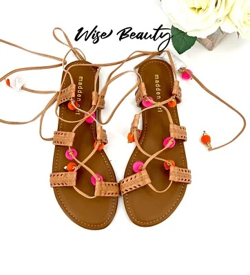 Madden Bailee Lace-Up Sandals Women’s Size 8.5 Shoe Tan Pom-Pom Detail NEW - Image 1 of 4