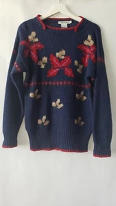 Vtg Segue Women's M Blue Red Floral 100% Shetland Wool Knit Pullover Sweater  - Picture 1 of 10