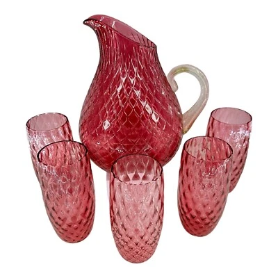 Diamond Quilted Blown Glass Cranberry Gold Fleck Handle Pitcher & 5 Glasses VTG - Image 1 of 4