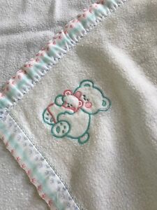 Vintage Baby Blanket White W/ Trim Turquoise Blue & Pink Teddy Bear Paw Prints