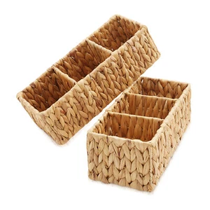 Set of 2 Storage Baskets with 3 Sections, Wicker Bathroom Organizers, Natural - Picture 1 of 1