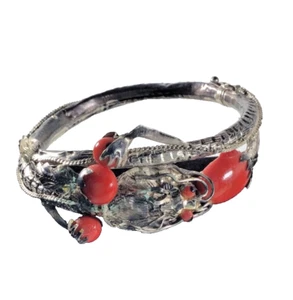 Vintage Artist Aluminum Silver Plate Snake hinged bracelet with Safety Chain SEE - Picture 1 of 9
