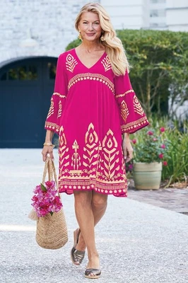 SOFT SURROUNDINGS $129 Zaneta Gold Embroidered Gauze Dress in Pink Size Large - Image 1 of 4