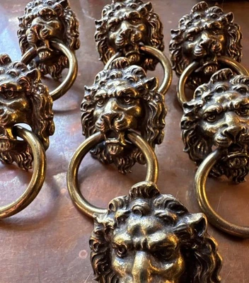 Lote de 7 tiradores de anillo de gabinete de latón quilla cabeza de león vintage KBC H377 2 pulgadas Foto 1 de 4