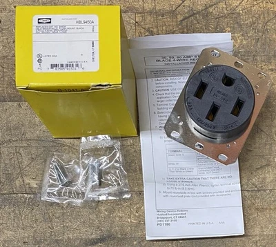 HBL9450A Hubbell Kellems Receptacle 3Pole 4-Wire Ground 50A 125/250V Flush Black - Image 1 of 4