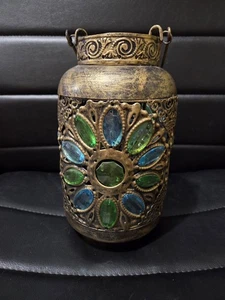 Vintage 9" Bohemian Style Jeweled Candle Lantern Hangable Or Countertop  - Picture 1 of 8
