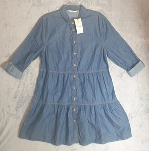TU Denim Tiered Shirt Dress UK 14 Long Sleeve Button Front Cotton - Picture 1 of 4