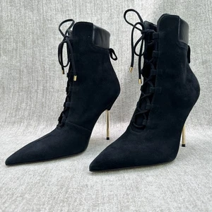 Good American Scandal Schnür-Stiletto-Booties Gr. 8 schwarz Wildleder spitz zulaufend schick - Bild 1 von 12