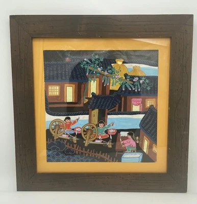 Pintura Campesina Jinshan Original Enmarcada Arte Popular Chino Sobre Tejedores de Papel de Arroz Foto 1 de 4