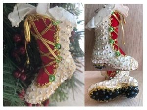 vtg 1960s Victorian Christmas Ornament Boot 3.25" x 2.5" Sequin Lace Ribbon - Picture 1 of 10