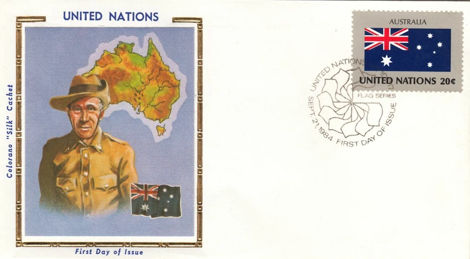 Gold Folio Silk Australia Australien National Dress Flag Map UN FDC 1984 - Image 1 of 1