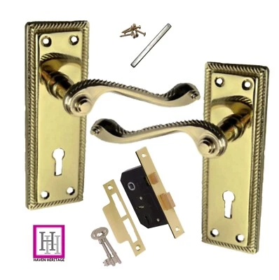 DOOR HANDLES CLASSIC GEORGIAN ROPE EDGE SCROLL LEVER LOCK WITH LOCK & KEYS - Image 1 of 4