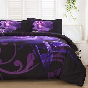 Purple Comforter Set King Reversible Purple Rose Pattern Printed Bedding Down Co