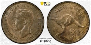 1941-K.G P Australia 1 Penny PCGS Questionable Color-UNC Detail Lot#G9195 Scarce - Picture 1 of 4