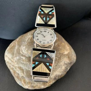 Puntas de reloj para hombre Zuni plata esterlina ónix coral turquesa puntas banda 11576 - Imagen 1 de 12