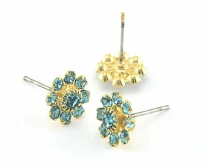 Earring Post Vintage Flower Aquamarine Crystals Gold Plated 3836 - Picture 1 of 2
