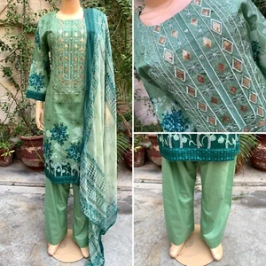 Pakistani Light Green Printed Straight Shirt 3-PCS Lawn Suit w/ Threadwork ,XL - Picture 1 of 12