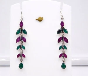 10.1 Gm Lab-Created Ruby & Emerald Stone 925 Sterling Silver Earring Size-2.60 - Picture 1 of 2