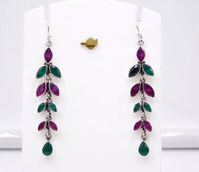10.1 Gm Lab-Created Ruby & Emerald Stone 925 Sterling Silver Earring Size-2.60 - Image 1 of 2