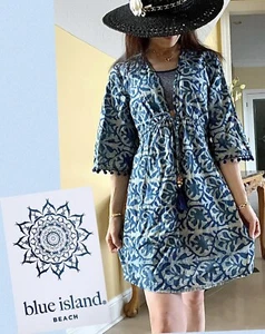 Blue Island Beach Cover up Tunic Dress Womens Size S Floral Print New w Tags - Picture 1 of 9