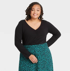 Women's Plus Size Long Sleeve Ruched Knit Top - Ava & Viv, Black, 4X (28W/30W) - Picture 1 of 4