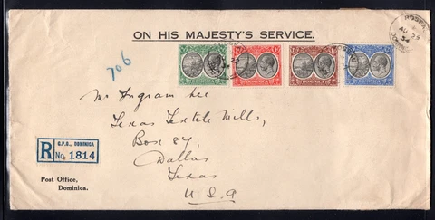 Dominica 1934 Registered OHMS cover to TX franked 1/2p, 1p, 1 1/2p, & 2p Seal Cover