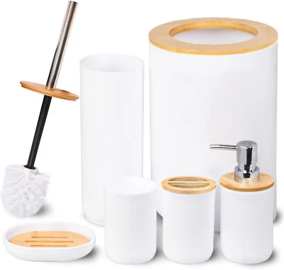 CERBIOR Juego de Accesorios de Baño Bambú 6 Piezas para Lavabo Hogar, Blanco Foto 1 de 4