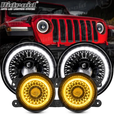 7" LED Headlights Halo Fog Lights Combo Kit For 2007-2017 Jeep Wrangler JK JKU - Image 1 of 4