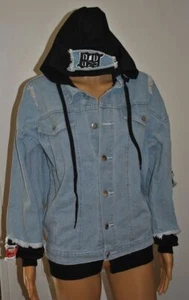 Denim Jean Jacket with Hoodie Distressed Jacket with Patches Neww - Picture 1 of 10
