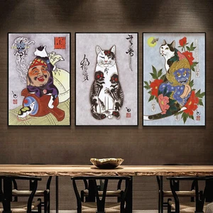 Set 3 Silk Canvas Tattoo Cat Samurai Japan Ukiyoe Art Paint Poster Decor P208 - Picture 1 of 10