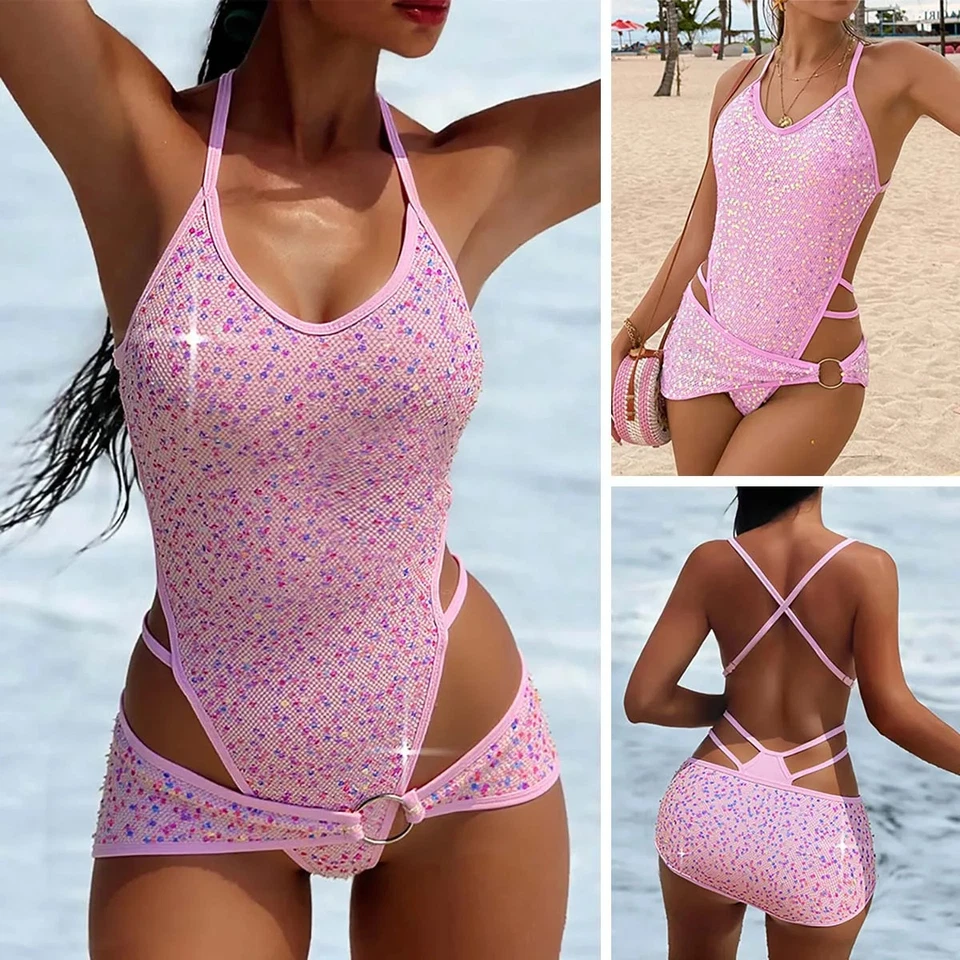 Womens Sexy Sequined One Piece Swimsuit High Cut Out Monokini Thong Bathing Suit - Image 1 of 4