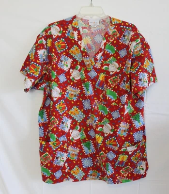 Peaches Uniform Christmas Nurse Scrub Top Size XL Santa Tree... - Image 1 of 4
