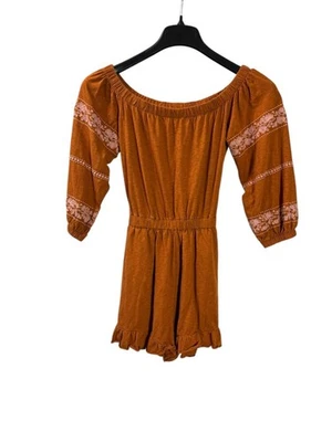 American Eagle 女式露肩连身裤橙色粉色花卉农民荷叶边领带 S — 第 1/4 张图片