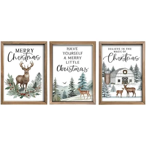Christmas Wall Hanging Wooden Reindeer Plaque Fir Wood Framed Art Print Set - Picture 1 of 5