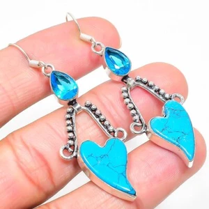 Santa Rosa Turquoise, Blue Topaz Gemstone 925 Sterling Silver Earring 2.44" A891 - Picture 1 of 8