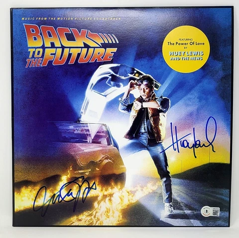 MICHAEL J FOX HUEY LEWIS Signed BACK TO THE FUTURE Soundtrack Album w/ Vinyl BAS Cover