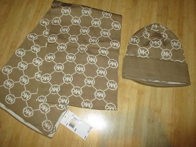 НОВЫЙ * MICHAEL KORS ШАРФ ШЛЯПА КОМПЛЕКТ OSFA желтовато-коричневый кремовый слоновой кости с манжетами BEANIE S M L - Изображение 1 из 3