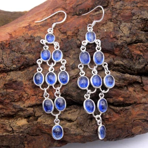 KYANITE Gemstone 925 Solid Sterling Silver Fine Jewelry Long Women Earring - Picture 1 of 2