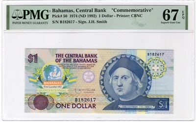 Bahamas 1992 Banknote $1 Columbus 500th Anniversary Graded PMG 67 Superb Gem Unc - Image 1 of 2