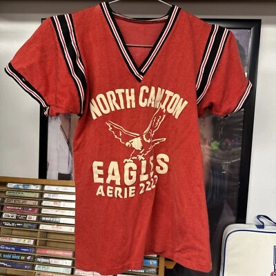 Camiseta de nailon vintage años 60 sin marca North Canton Eagles talla pequeña roja RARA Foto 1 de 4