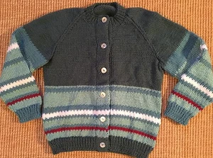 Handknit Cardigan Green Acrylic Sweater Stripes sz 10-12? - Picture 1 of 5